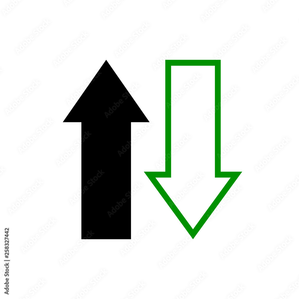 Vector image of a flat icon with arrows of black and green in opposite directions. Design icons for transferring, updating, downloading data Vector image of a flat icon with arrows of black and green in opposite directions. Design icons for transferring, updating, downloading data