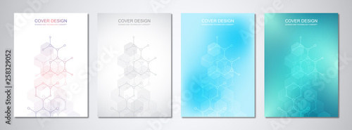 Vector templates for cover or brochure, with molecular structures and chemical engineering. Science and technology concept.