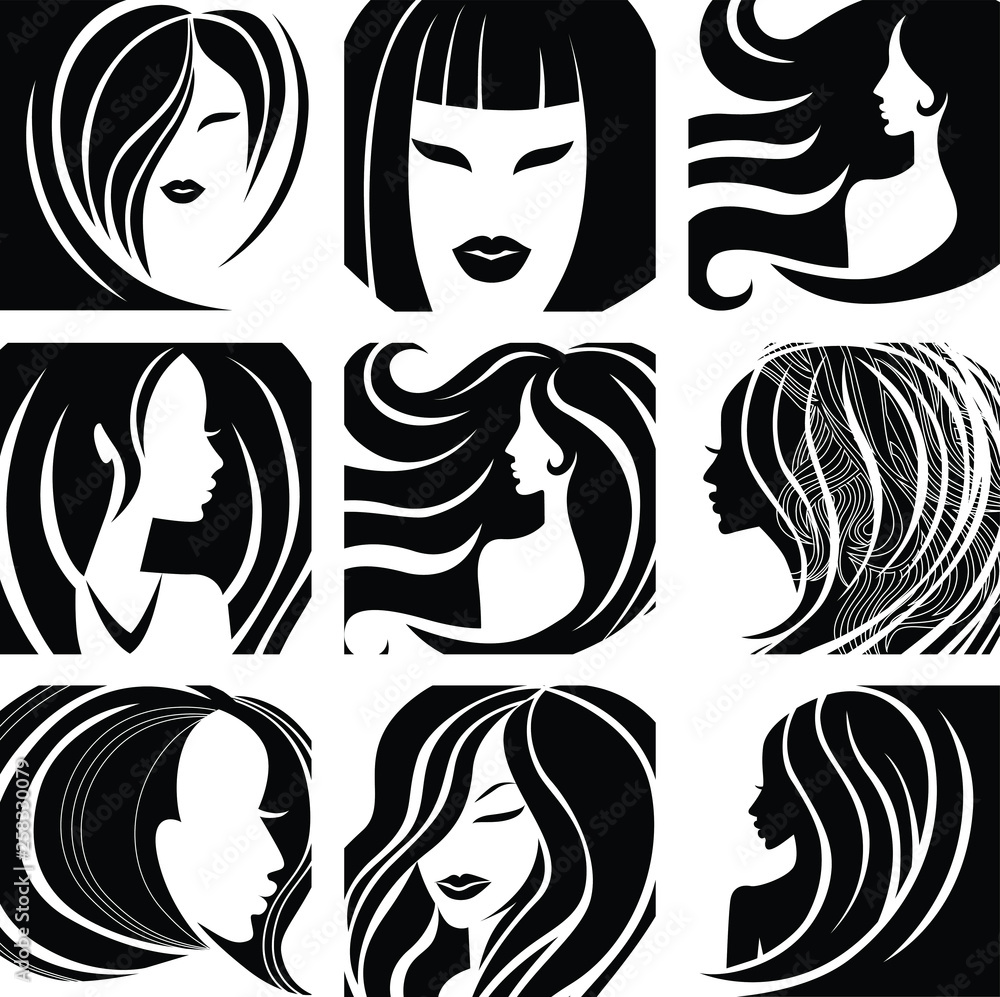 Obraz premium set of Illustrations of woman with beautiful hair. Black and white. Can be used for beauty salon