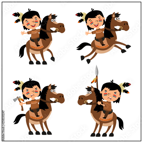 Set of American Indian boy riding horse in different poses isolated on white background