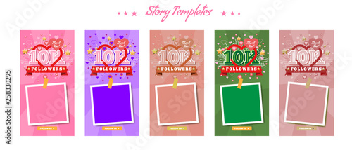 Social media story template pack for 10k followers and thank you message. Social media frames with trendy color style Vector illustration.