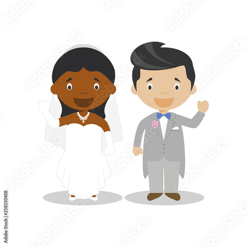 Black bride and mestizo bridegroom Interracial newlywed couple in cartoon style Vector illustration