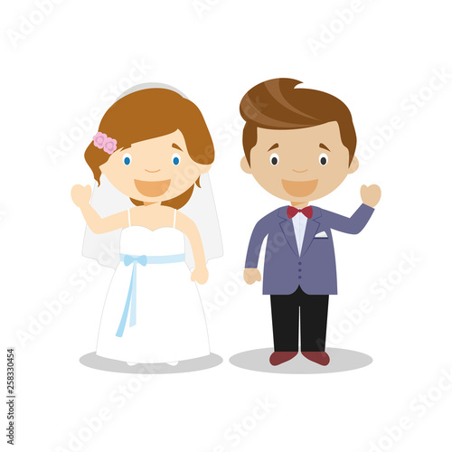 Caucasian bride and mestizo bridegroom Interracial newlywed couple in cartoon style Vector illustration