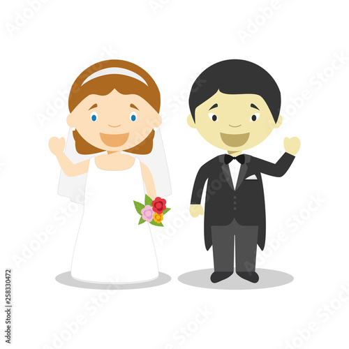 Caucasian bride and oriental bridegroom Interracial newlywed couple in cartoon style Vector illustration