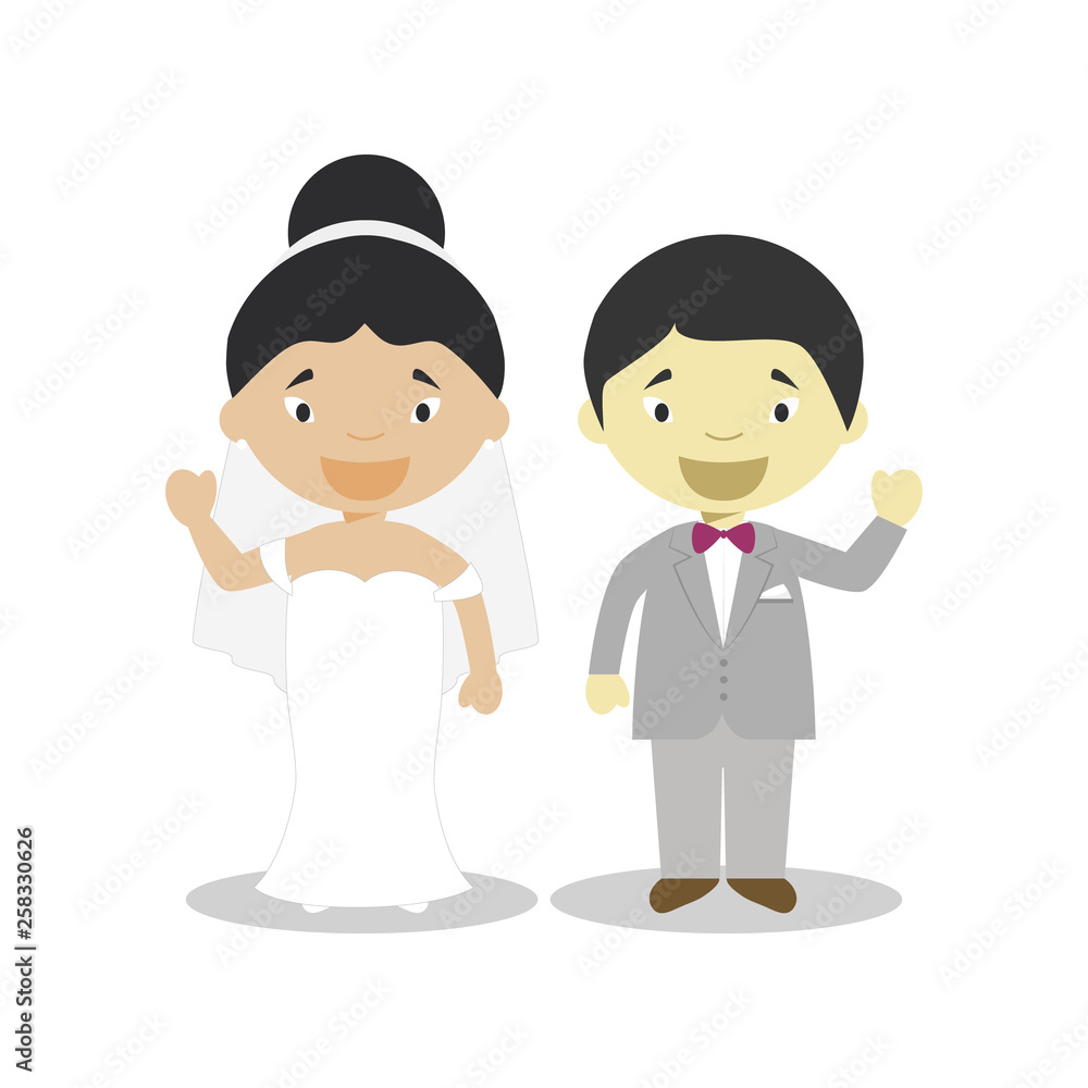 Oriental mestizo bride and oriental bridegroom Interracial newlywed couple in cartoon style Vector illustration