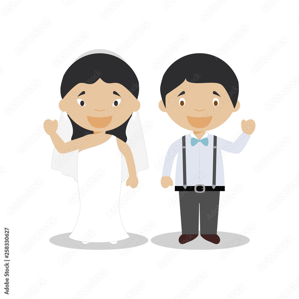 Oriental bride and mestizo bridegroom Interracial newlywed couple in cartoon style Vector illustration Oriental bride and mestizo bridegroom Interracial newlywed couple in cartoon style Vector illustration