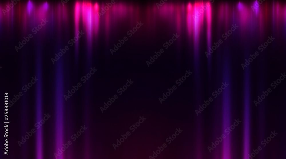 Product showcase spotlight background. Clean photographer studio. Abstract Violet background with rays of neon light, spotlight, reflection on water. Product showcase spotlight background. Clean photographer studio. Abstract Violet background with rays of neon light, spotlight, reflection on water.