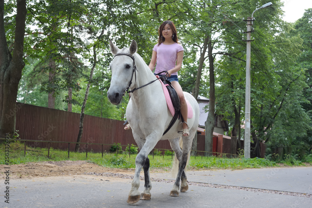 Young pretty asian woman riding white horse Young pretty asian woman riding white horse
