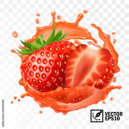 3d realistic transparent isolated vector, peeled strawberry fruit in a splash of juice with drops, edible handmade mesh