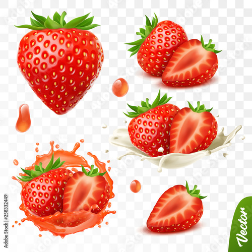 3d realistic transparent isolated vector set, whole and slice of strawberry, strawberry in a splash of juice with drops, strawberry in a splash of milk or yogurt