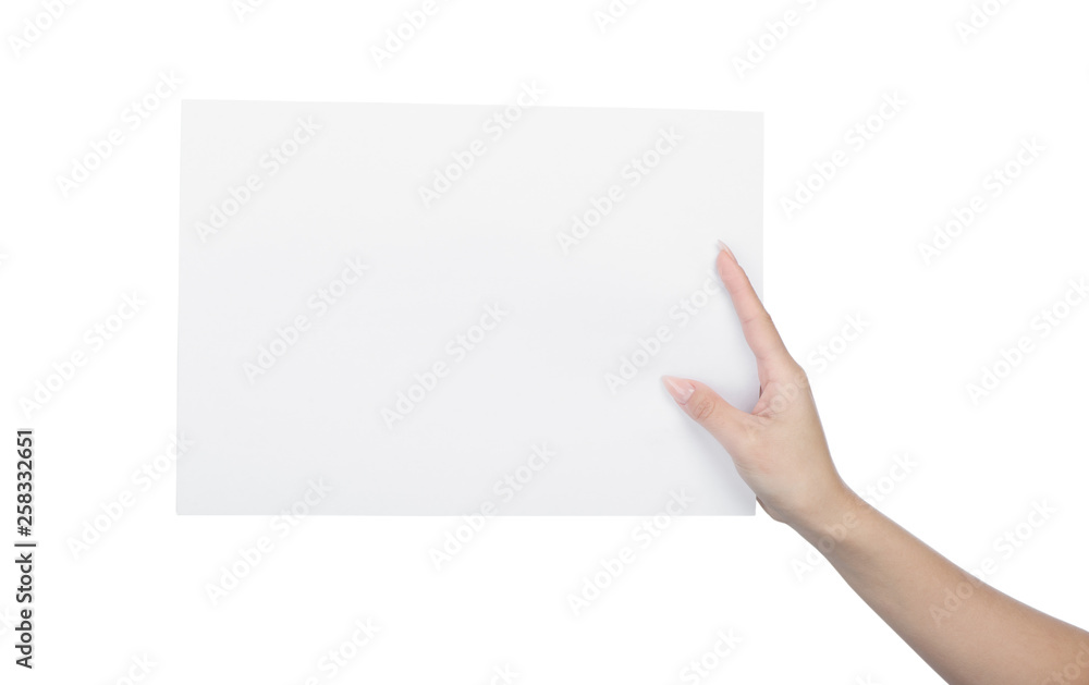 Empty sheet of paper in female hand Empty sheet of paper in female hand