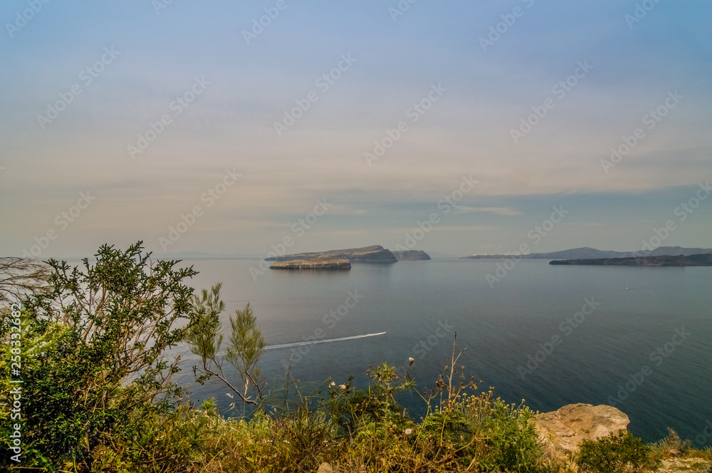 Beautiful landscape with sea view of the Nea Kameni,