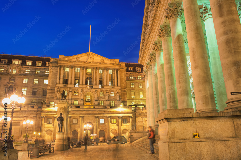 Bank of England and Royal Exchange at dusk london england