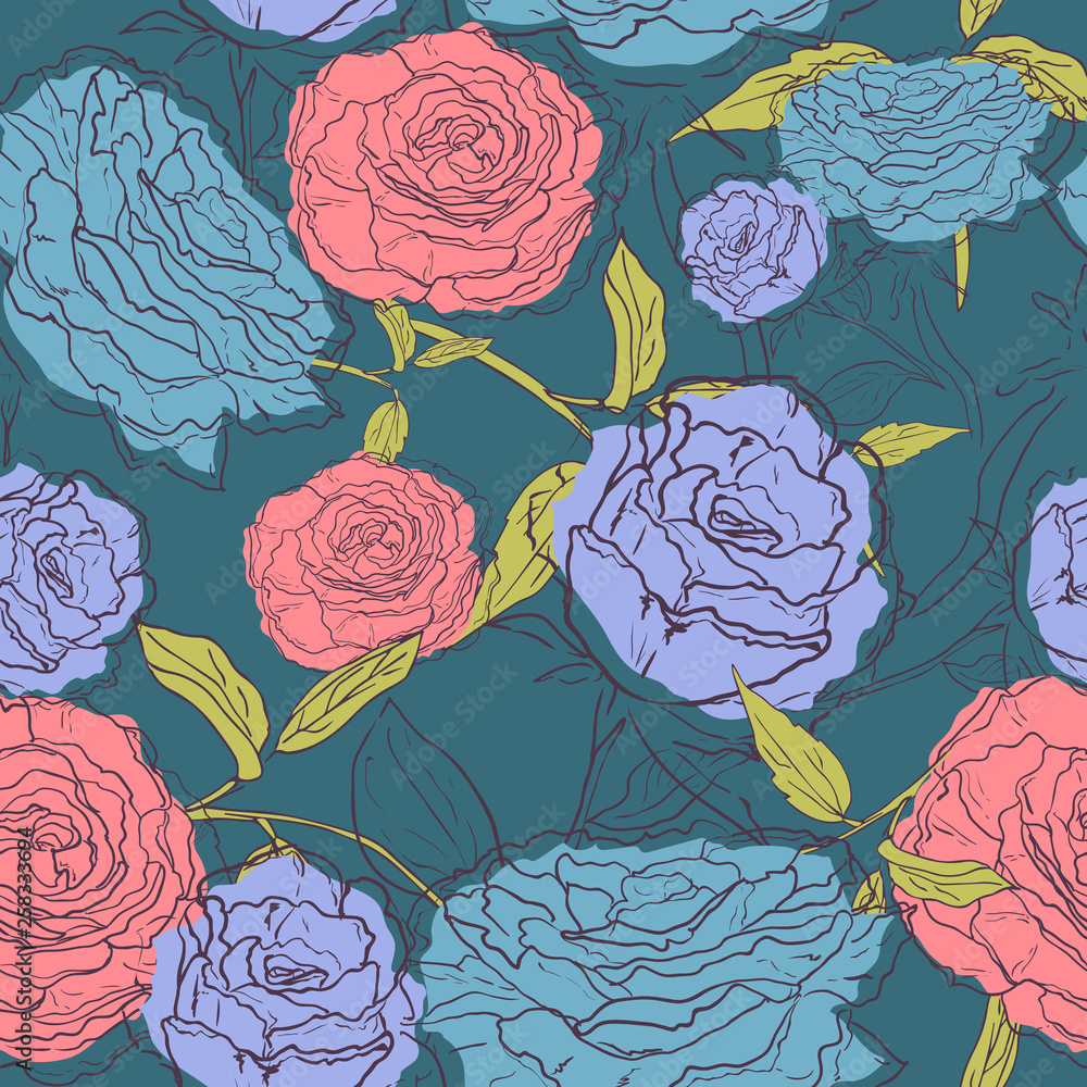 Vector seamless pattern with outline decorative roses. Beautiful floral background, neutral texture. Can be used for textile, website background, book cover, packaging, wedding invitation Vector seamless pattern with outline decorative roses. Beautiful floral background, neutral texture. Can be used for textile, website background, book cover, packaging, wedding invitation