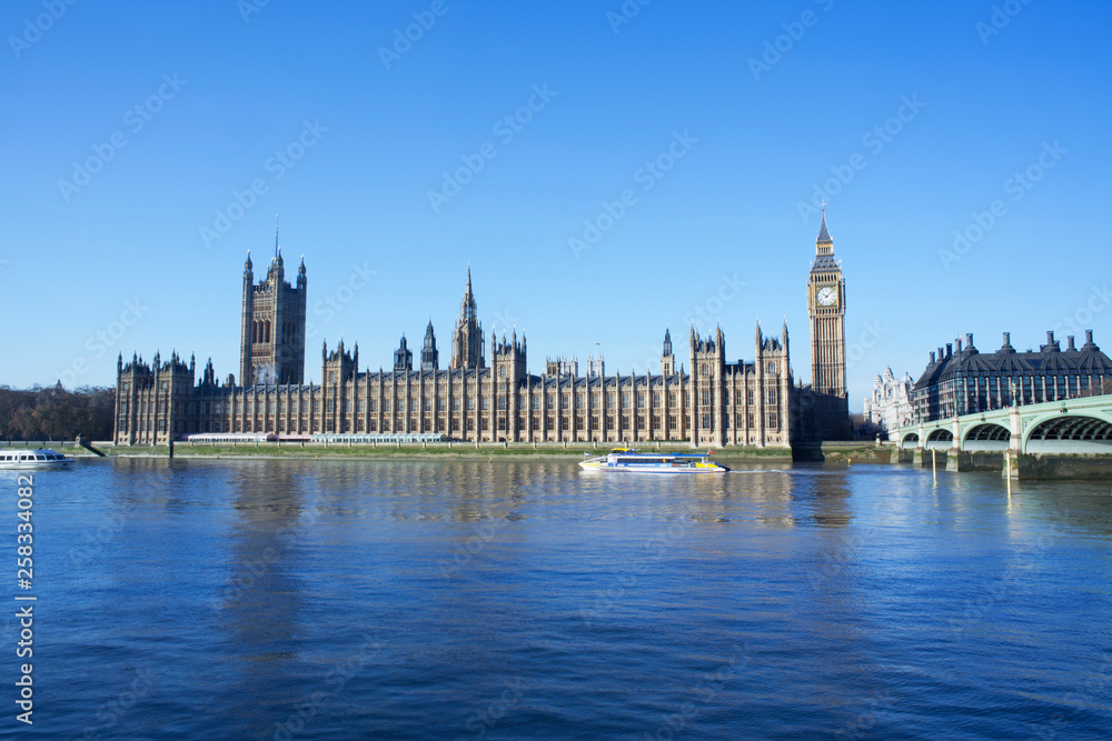 Big ben and the Houses of Parliament from across the river thames, London, England.