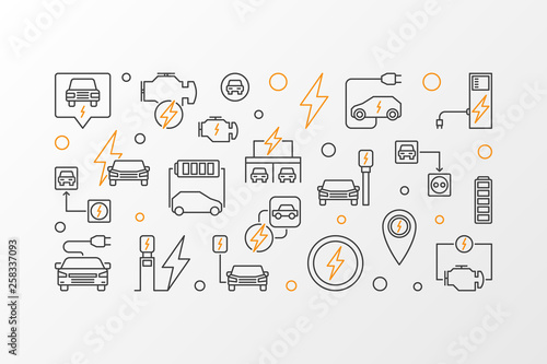 Battery electric vehicle vector outline horizontal banner or illustration