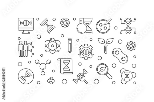 Banner made with outline genetics icons. Vector concept horizontal linear science illustration