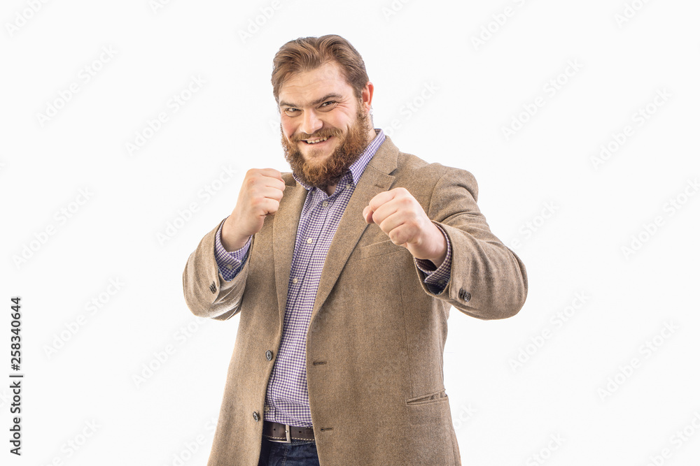 Portrait of funny big handsome smiling bearded business man in beige suit, isolated on white Portrait of funny big handsome smiling bearded business man in beige suit, isolated on white