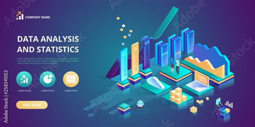 Data Analysis and Statistics concept. Vector  isometric illustration business analytics
