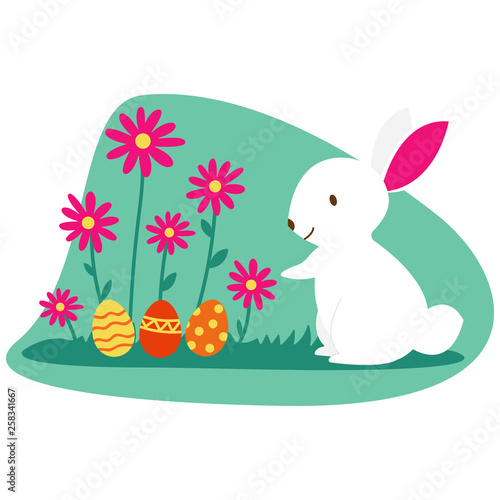 Easter bunny and Easter eggs on green grass. cartoon illustration of cute white rabbit preparing easter eggs. Row of Easter eggs in Fresh Green Grass