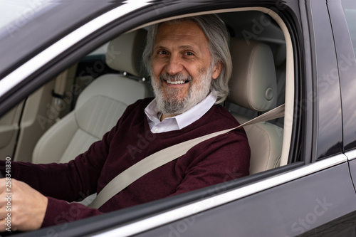 Senior handsome male driver in his car