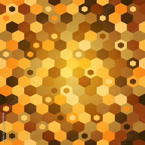 Golden seamless pattern with multicolored hexagons