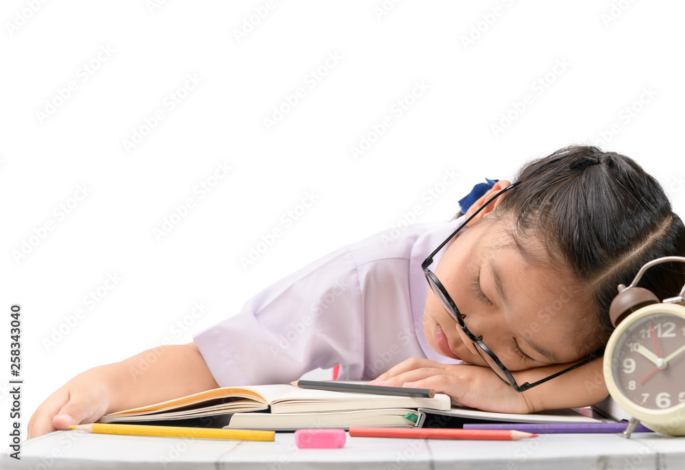 girl sleep while doing hard homework isolated girl sleep while doing hard homework isolated