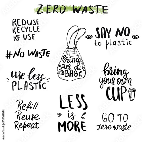 Zero waste concept. Hand lettered phrases and slogans.