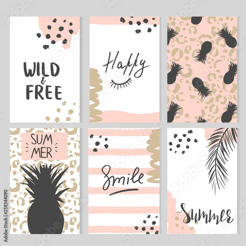 Set of card templates with animalistic print, pineapples, palm leaves and hand lettering.