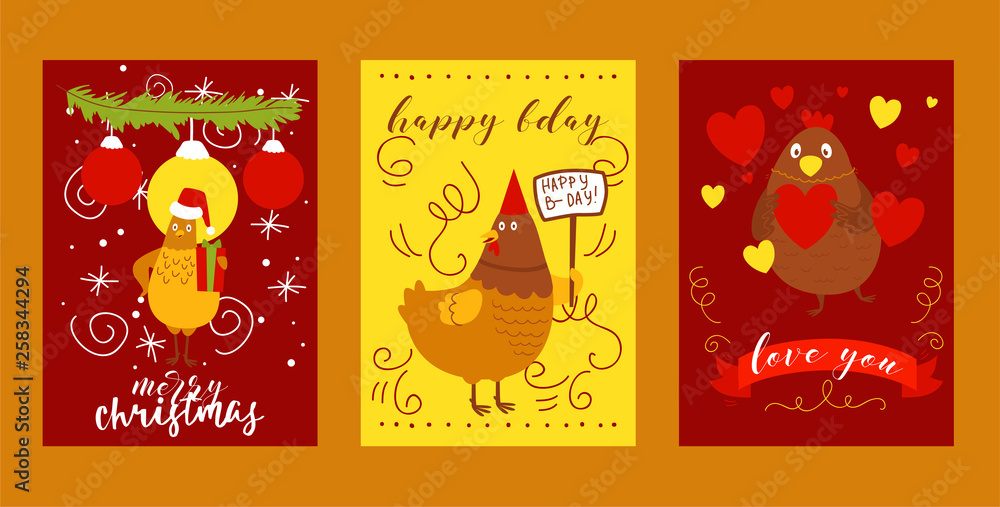 Chicken set of greeting cards vector illustration. Merry Christmas hen with hat and gift, spruce branch with decor. Happy birthday cartoon character. Love you domestic animal with heart. Chicken set of greeting cards vector illustration. Merry Christmas hen with hat and gift, spruce branch with decor. Happy birthday cartoon character. Love you domestic animal with heart.