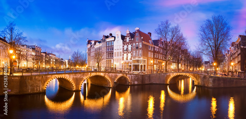 Panoramic image of Prinsengracht at dusk, Amsterdam, Netherlands