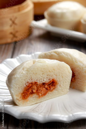 Puto Pao from Philippines. Steamed Rice Buns with Pulled Pork Filling.