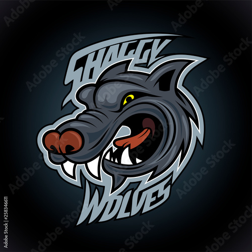 Shaggy wolves logo design concept on dark background, sport infographic team pictogram, t-shirt tee print