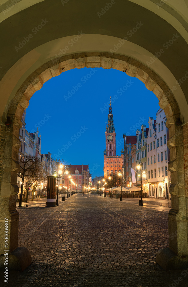 Long Lane or Dlugi Targ at night, Gdansk, Poland. Traditional houses and the City Hall.