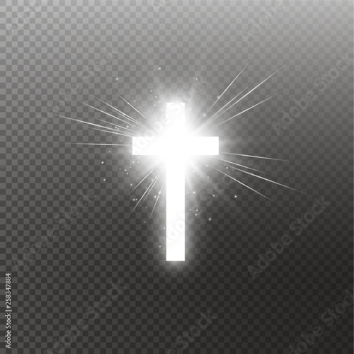 Shining white cross and sunlight special lens flare light effect on transparent background. Glowing saint cross. Vector illustration