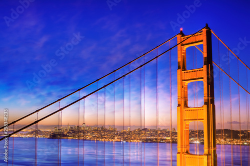 San Francisco and part of the Golden Gate Bridge at dawn. California. USA
