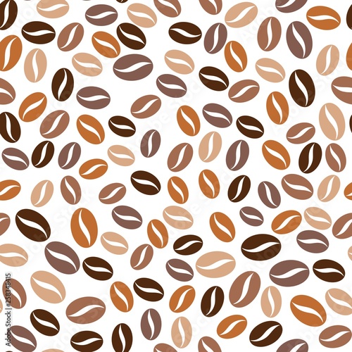Seamless pattern of colored coffee beans scattered on white background. Repeating wallpaper