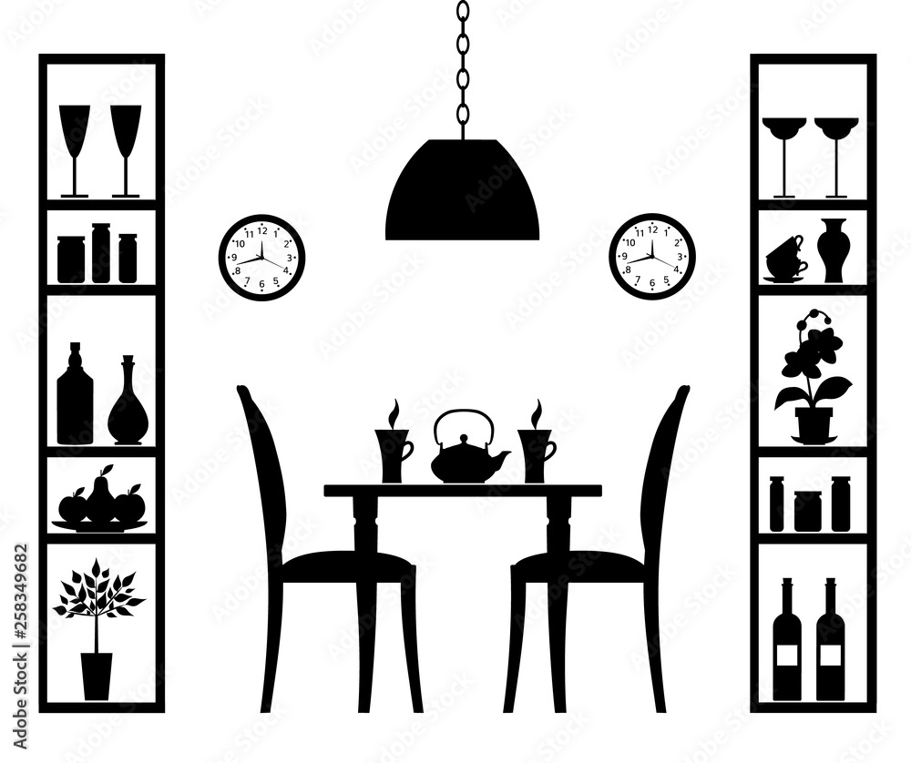 Black and white stencil dining room. Silhouette cafe. Vector interior design.  Stock Vector | Adobe Stock