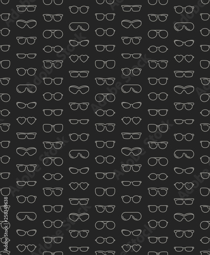 Eyeglasses seamless pattern with thin line icons: sunglasses, sport glasses, rectangular, aviator, wayfarer, round, square, cat eye, oval, extravagant, big size. Modern vector illustration.