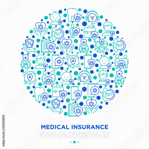 Medical insurance concept in circle thin line icons: policy, life insurance, psychological support, maternity program, 24/7 support, mobile app, telemedicine. Vector illustration for print media.
