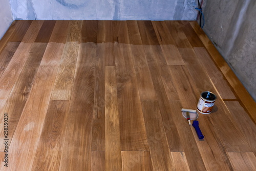applying paint on the wood floor