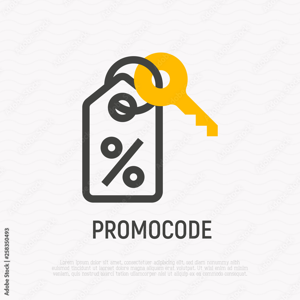 Promo code thin line icon: percent sign on label with key. Modern vector illustration for discount.