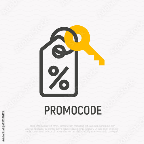Promo code thin line icon: percent sign on label with key. Modern vector illustration for discount.