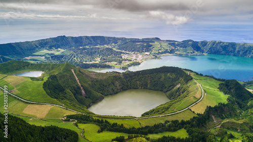 Aerial view of Boca do Inferno lakes in Sete Cidades volcanic craters on San Miguel island, Azores, Portugal