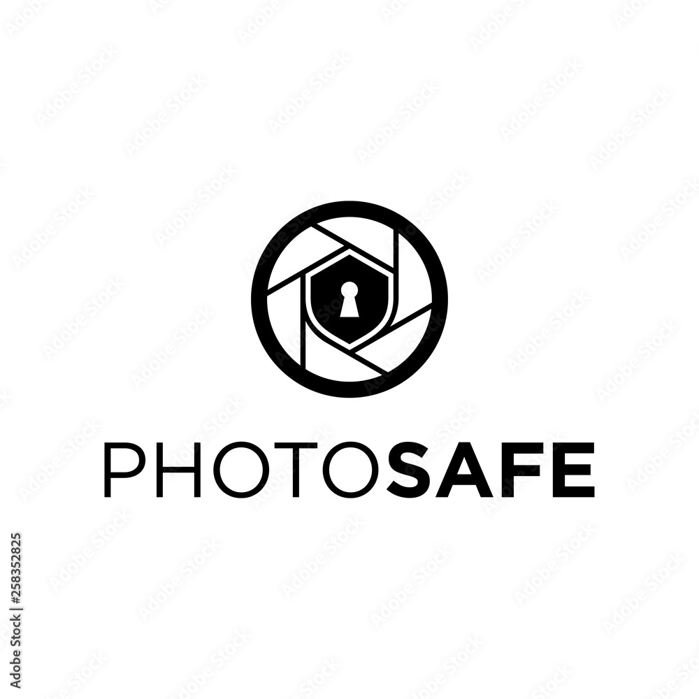 camera lens photography with shield safe security logo design template camera lens photography with shield safe security logo design template