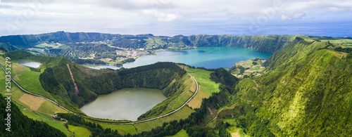 Panorama aerial view of Seven Cities Lake, Lagoa das Sete Cidades from Boca do Inferno viewpoint in Sao Miguel Island, Azores, Portugal
