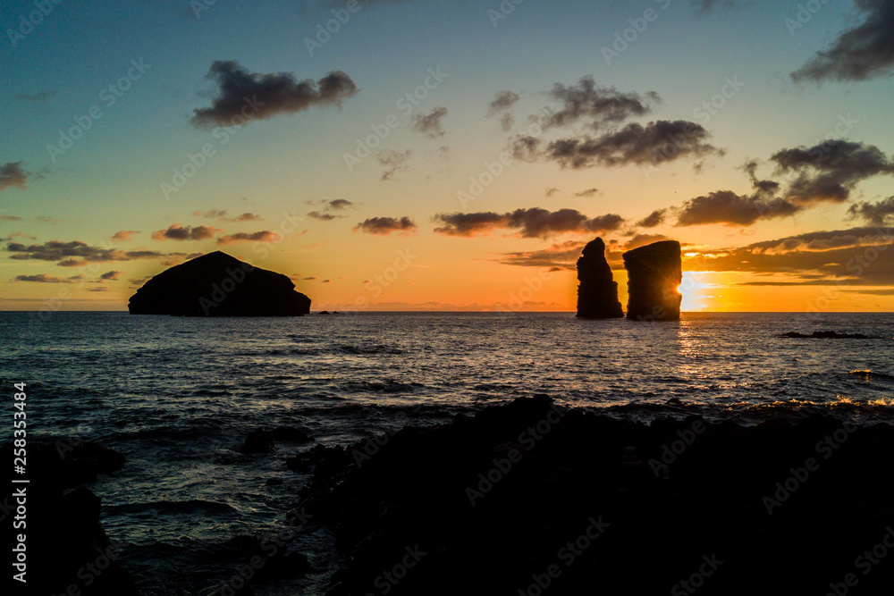 Aerial view of sunset from Islets in Mosteiros village. San Miguel island, Azores, Portugal.