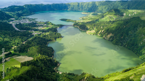 Aerial view Lake Azul and Lake Verde, Sete Cidades, Sao Miguel Island, Azores Portugal