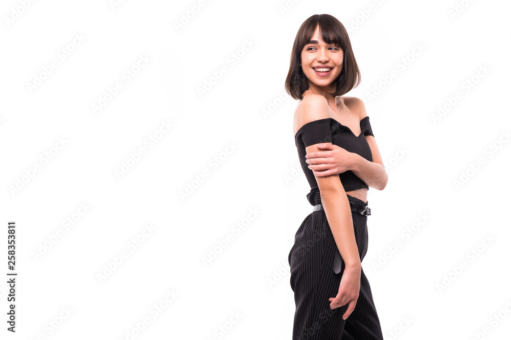 Side view portrait of beautiful smiling woman in casual clothes isolated on white background Side view portrait of beautiful smiling woman in casual clothes isolated on white background