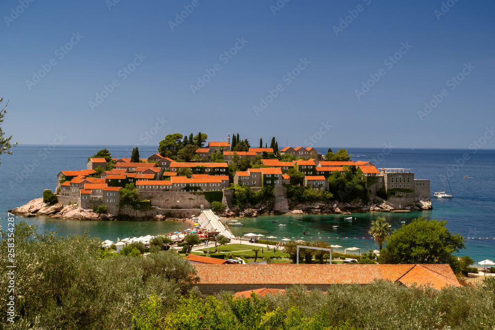 Sveti Stefan island in Budva in a beautiful summer day, Montenegro